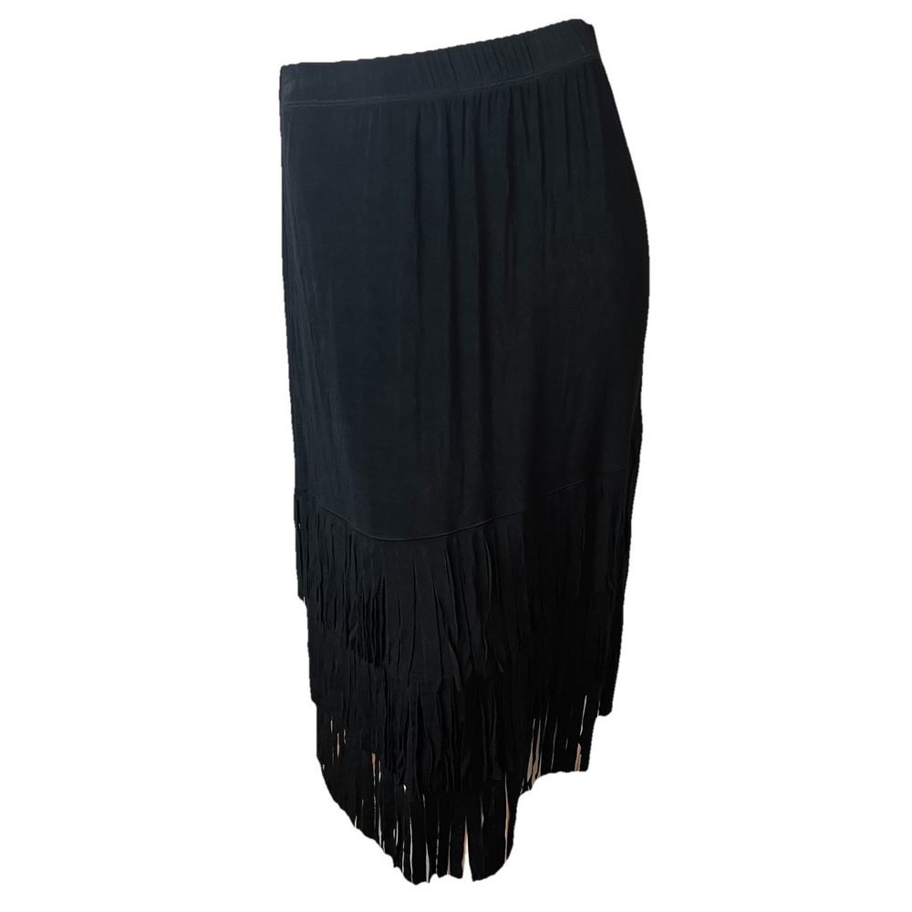 Chico's Travelers - Black Easy Care Fringed Straight Midi Skirt Size 2 (L)